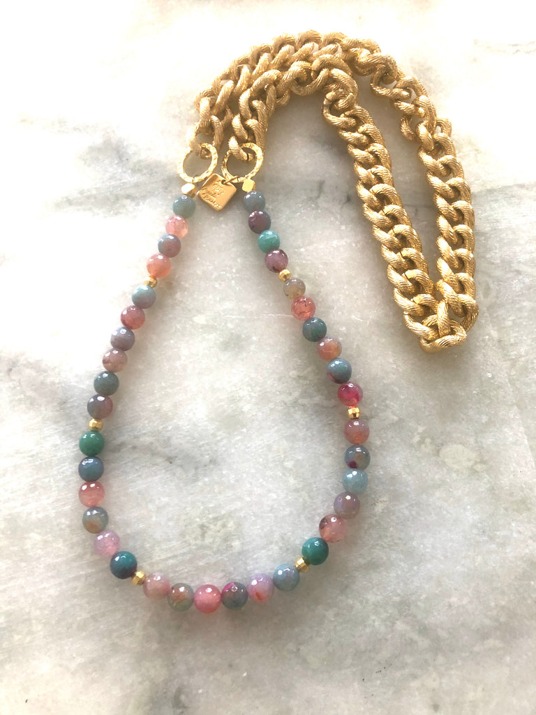 Multi colour Agate Necklace on Gold Chain