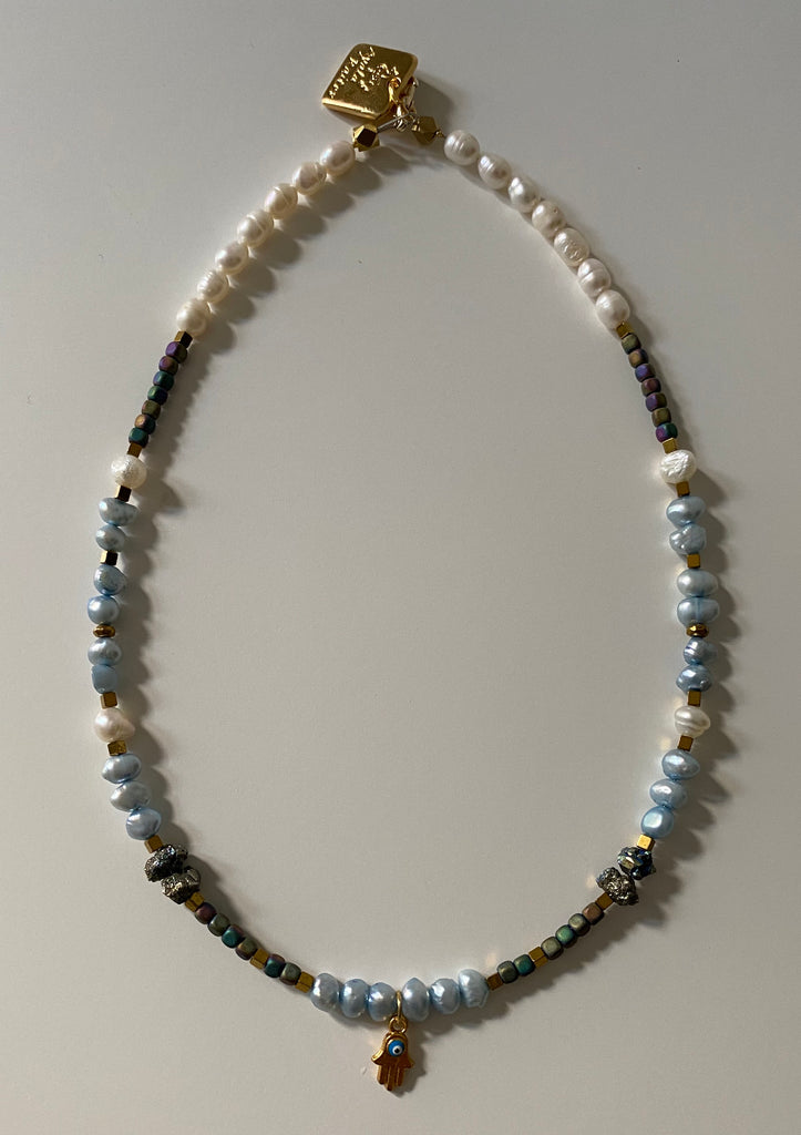 Pearls ,Pyrite and Hematite choker with a gold  Hamsa