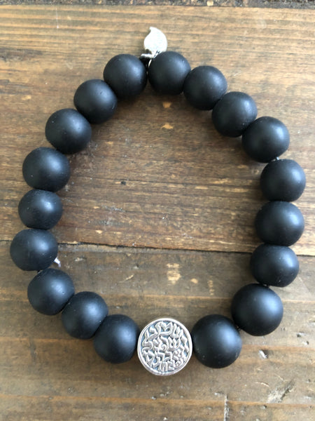 Shema Israel bracelet for him with Matt onyx and hand made sterling silver bead