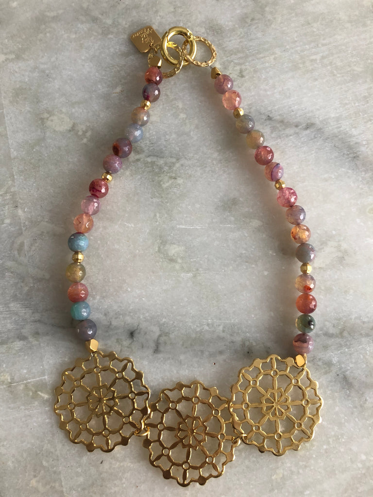 Multi colour Agate necklace on gold