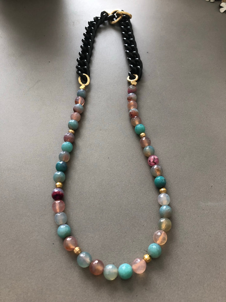Multi colour Agate necklace with black metal chain